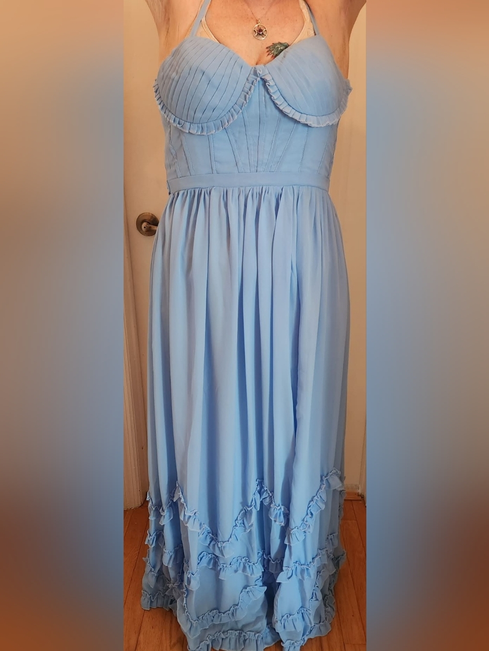 Light Blue Ruffle-Trim Prom Dress - Picture 6 of 7